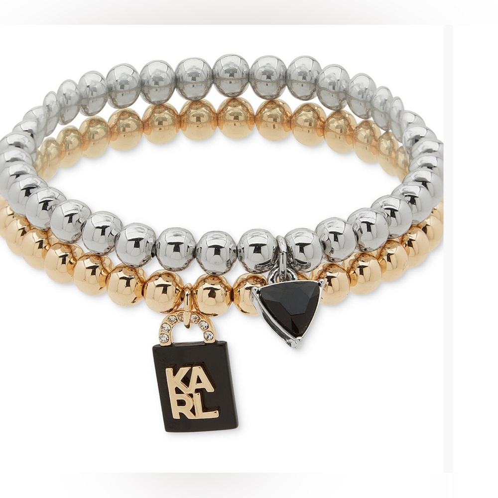 KARL LAGERFELD Two-Tone 2-Pc. Set Logo Lock Charm Beaded Stretch Bracelets